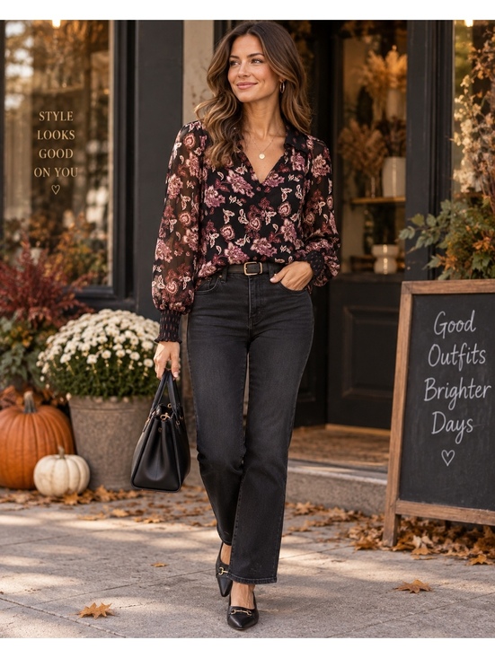 White House Black Market Tops - White House Black Market Sheer Floral Blouse with Smocked Cuffs - Size S